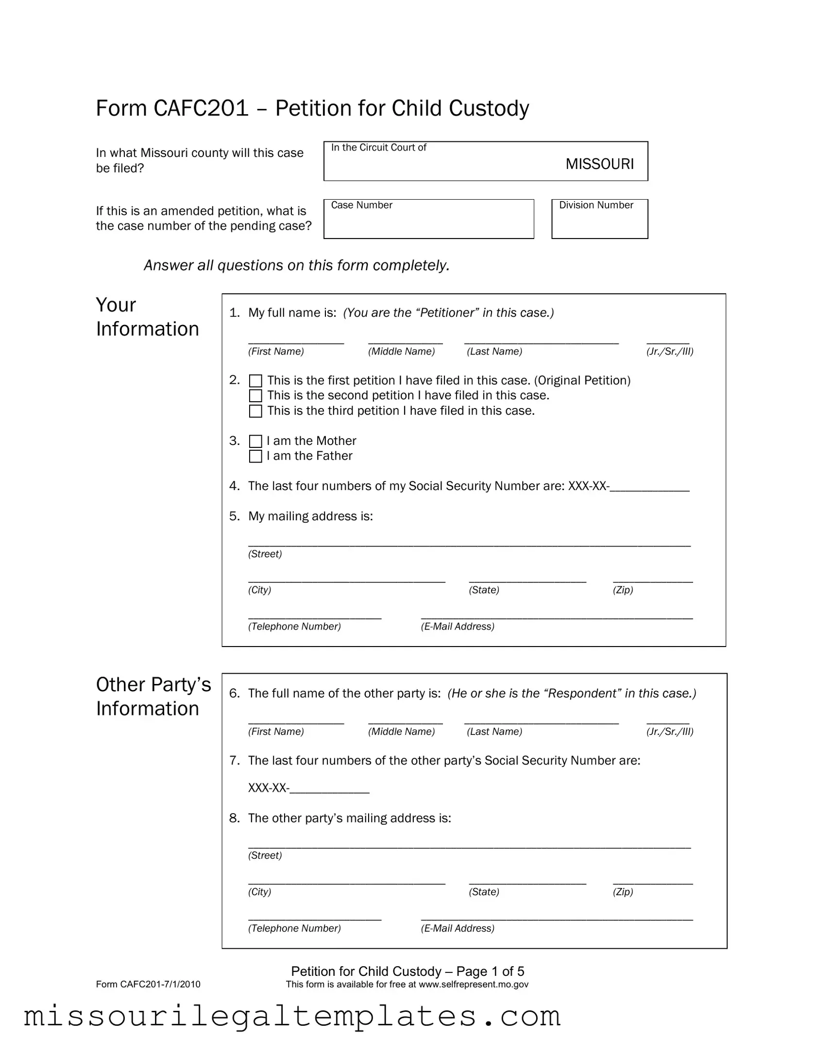 Fill in a Valid Cafc201 Missouri Template