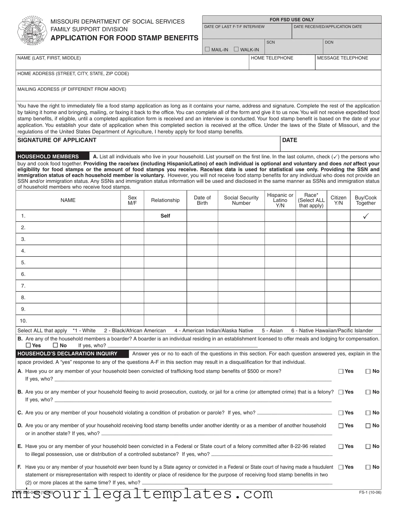 Fill in a Valid Food Stamps Missouri Template