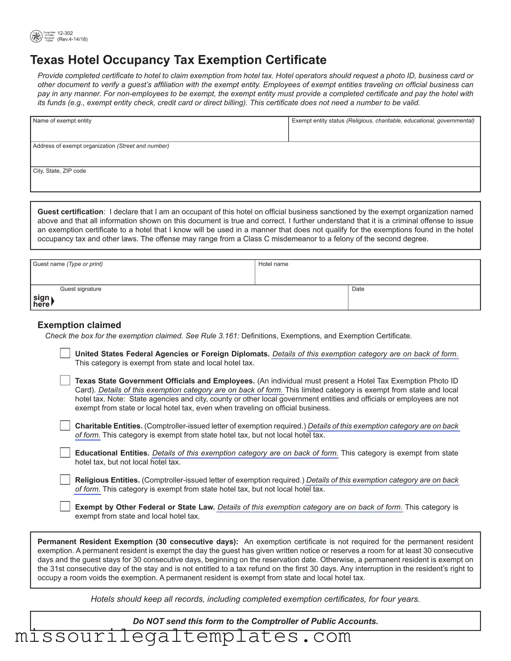 Fill in a Valid Hotel Tax Exemption Missouri Template