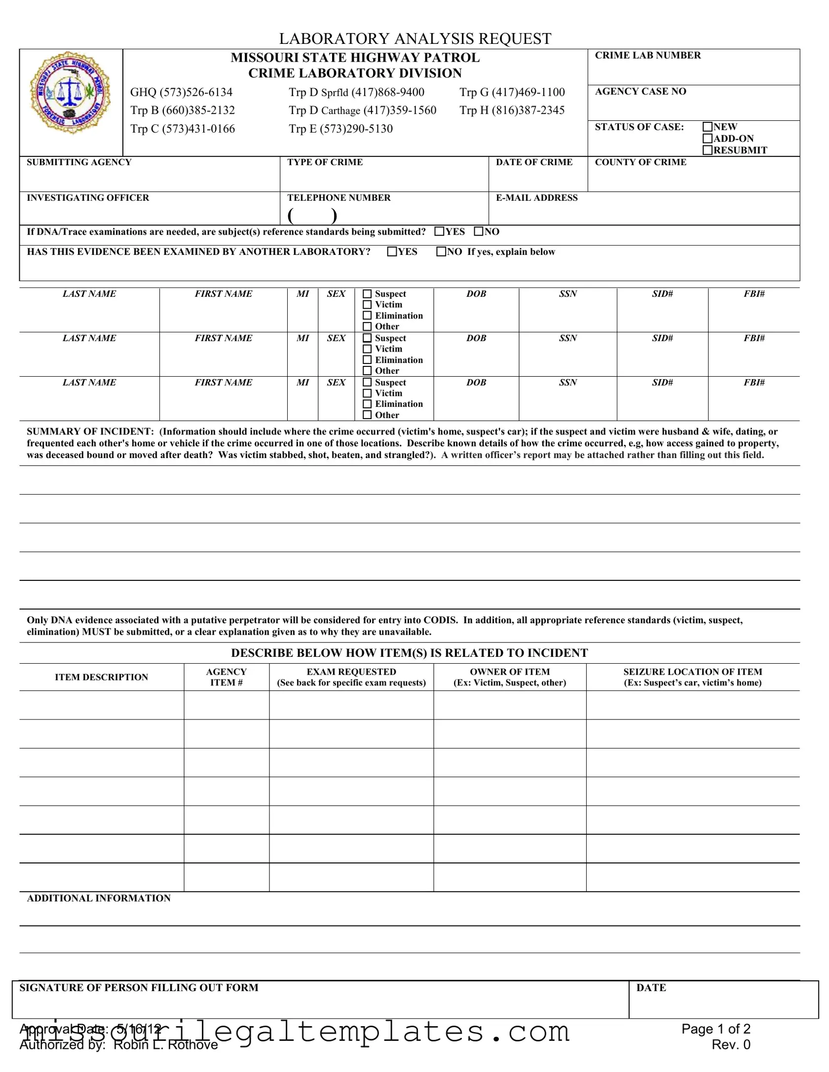 Fill in a Valid Laboratory Analysis Request Missouri Template