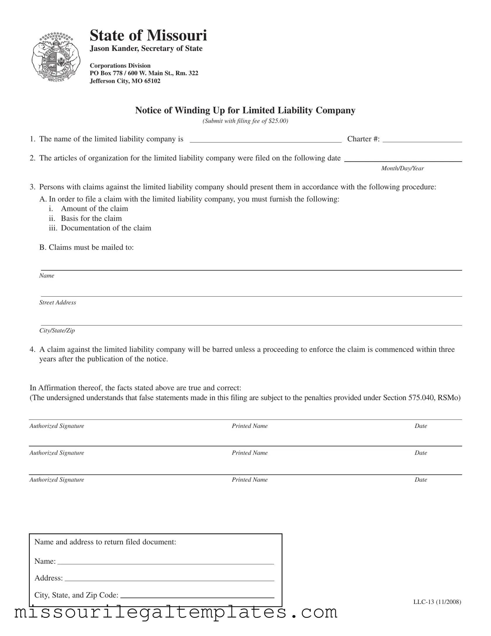 Fill in a Valid Llc 13 Missouri Template
