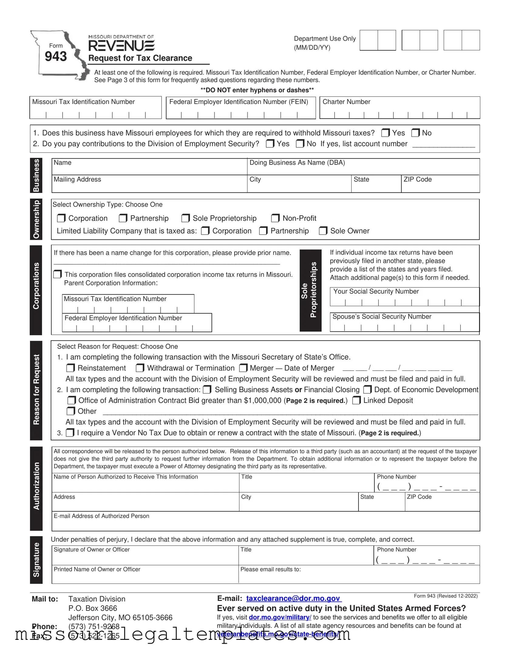 Fill in a Valid Missouri 943 Template