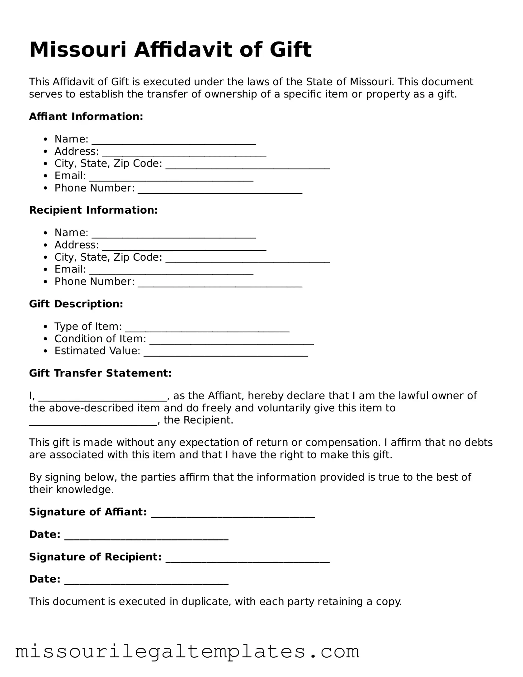 Blank  Affidavit of Gift Template for Missouri