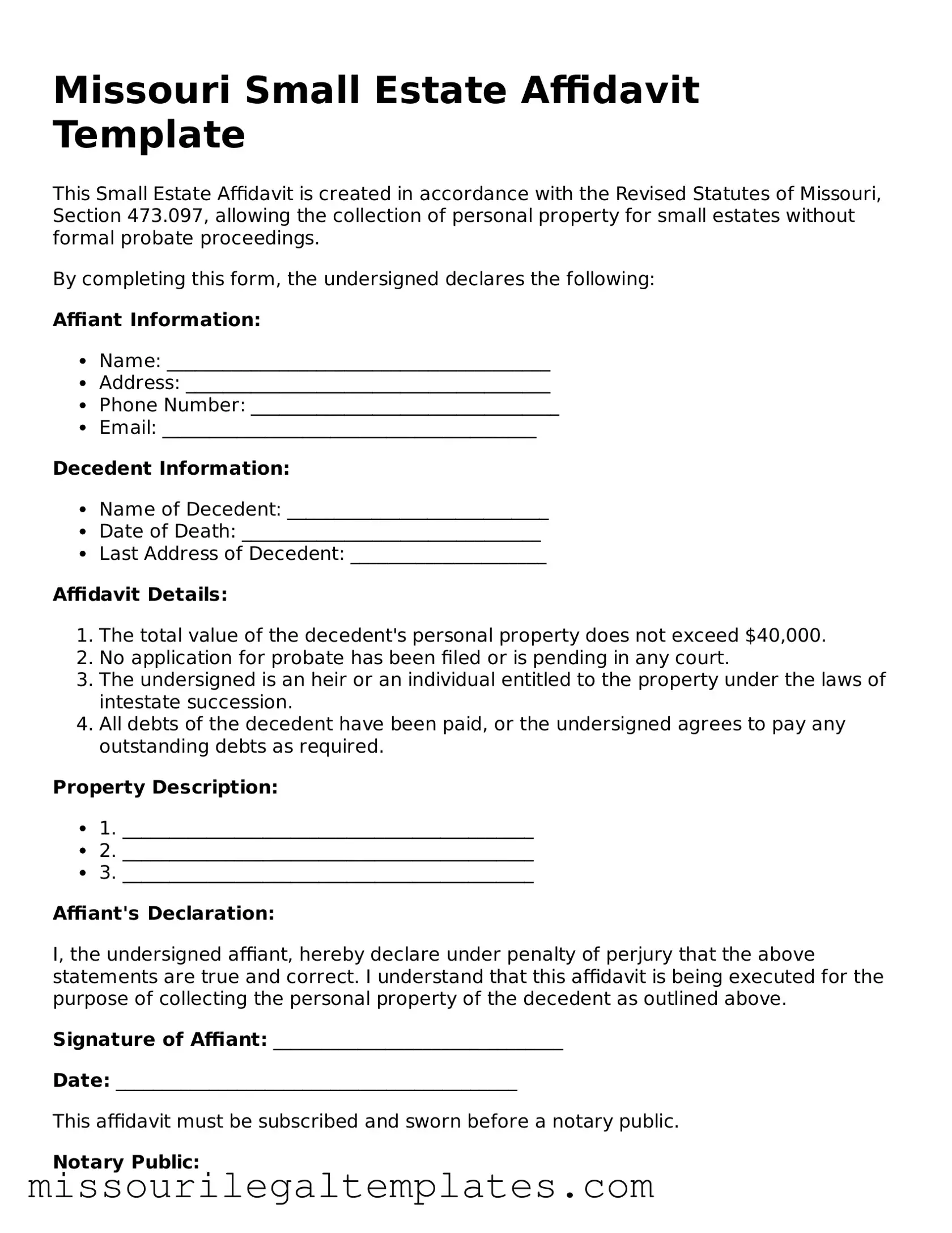Blank  Small Estate Affidavit Template for Missouri