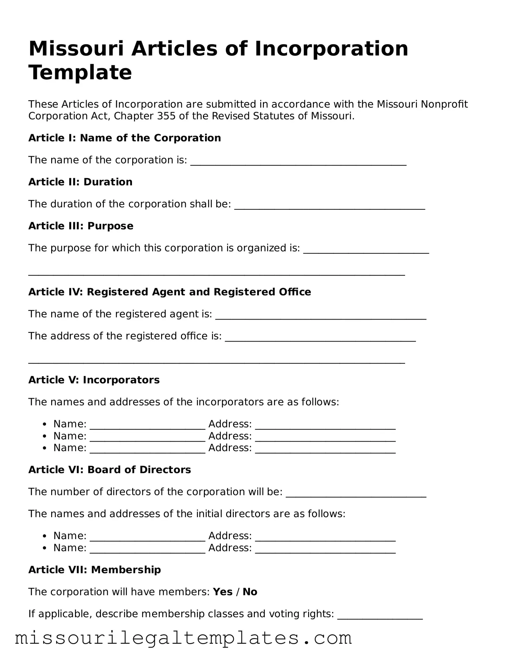 Blank  Articles of Incorporation Template for Missouri