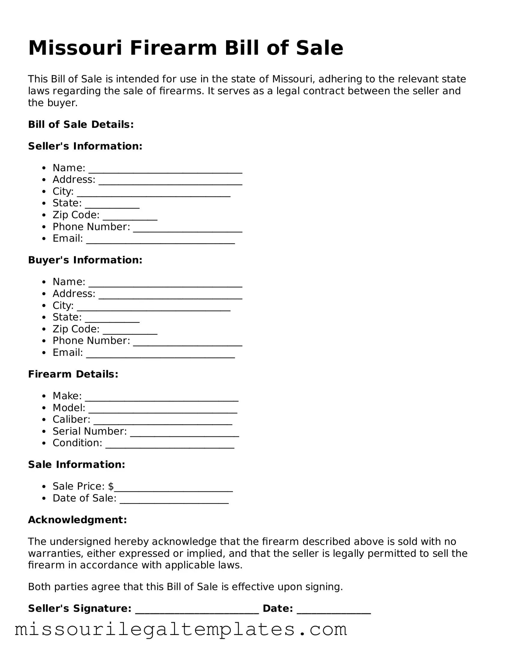 Blank  Firearm Bill of Sale Template for Missouri