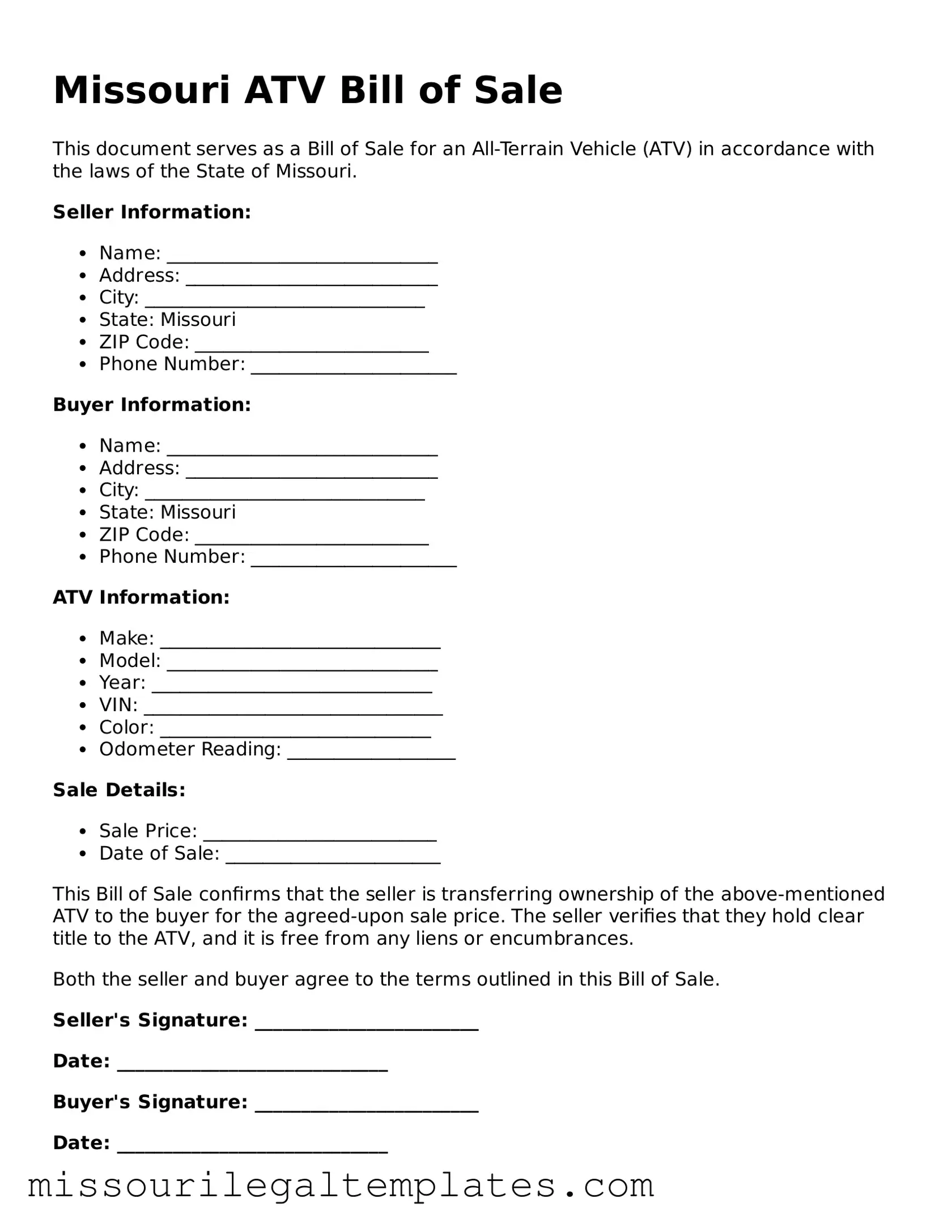 Blank  ATV Bill of Sale Template for Missouri