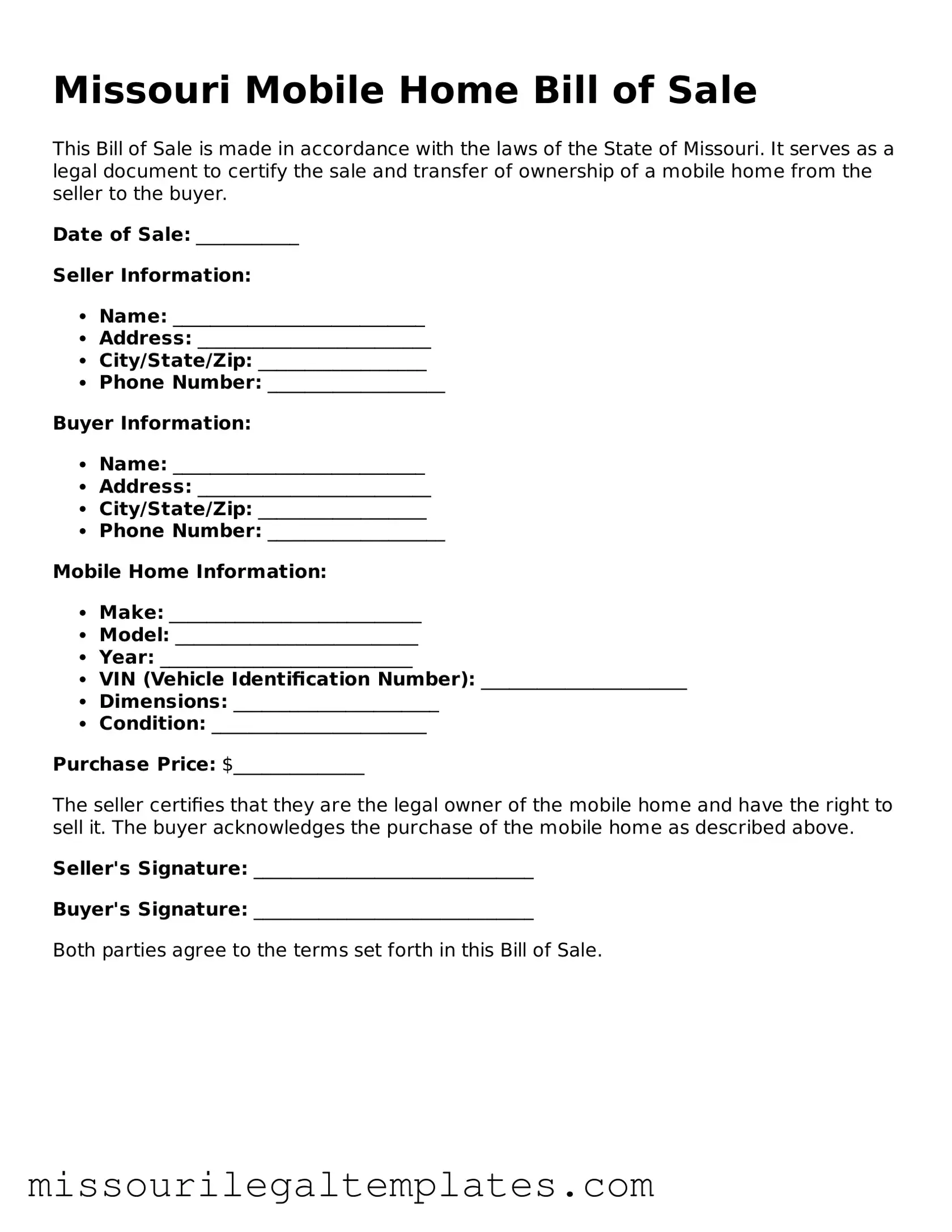 Blank  Mobile Home Bill of Sale Template for Missouri