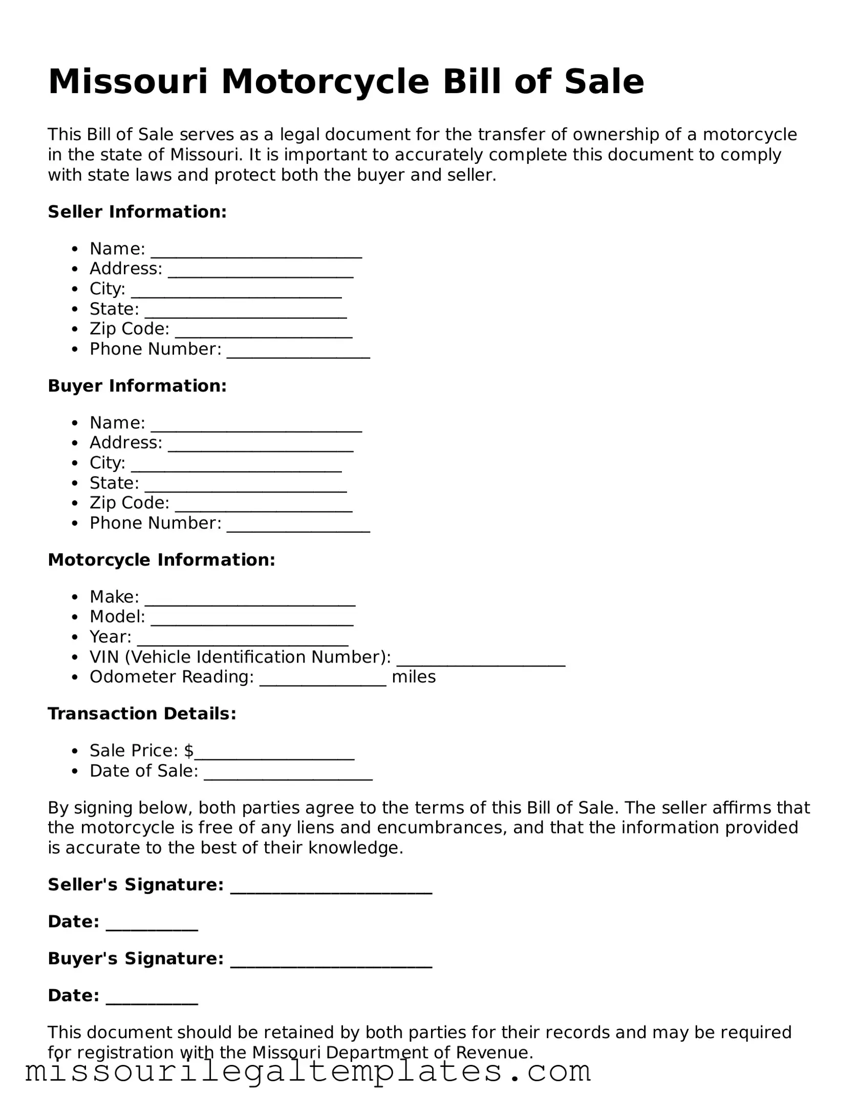 Blank  Motorcycle Bill of Sale Template for Missouri