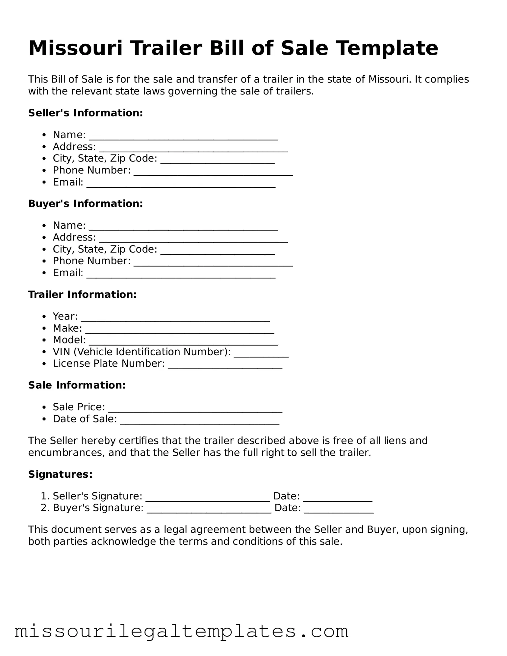 Blank  Trailer Bill of Sale Template for Missouri