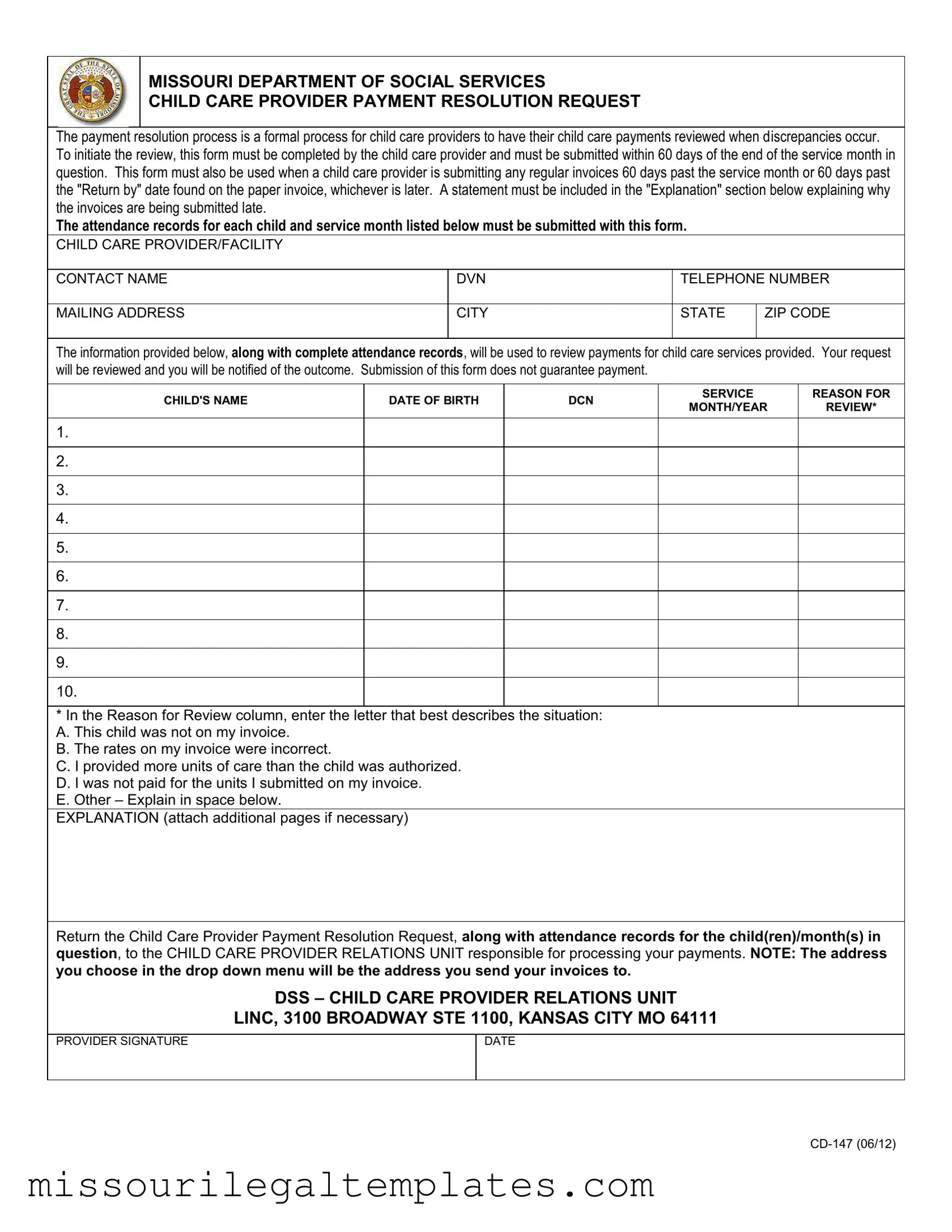 Fill in a Valid Missouri Cd 147 Template