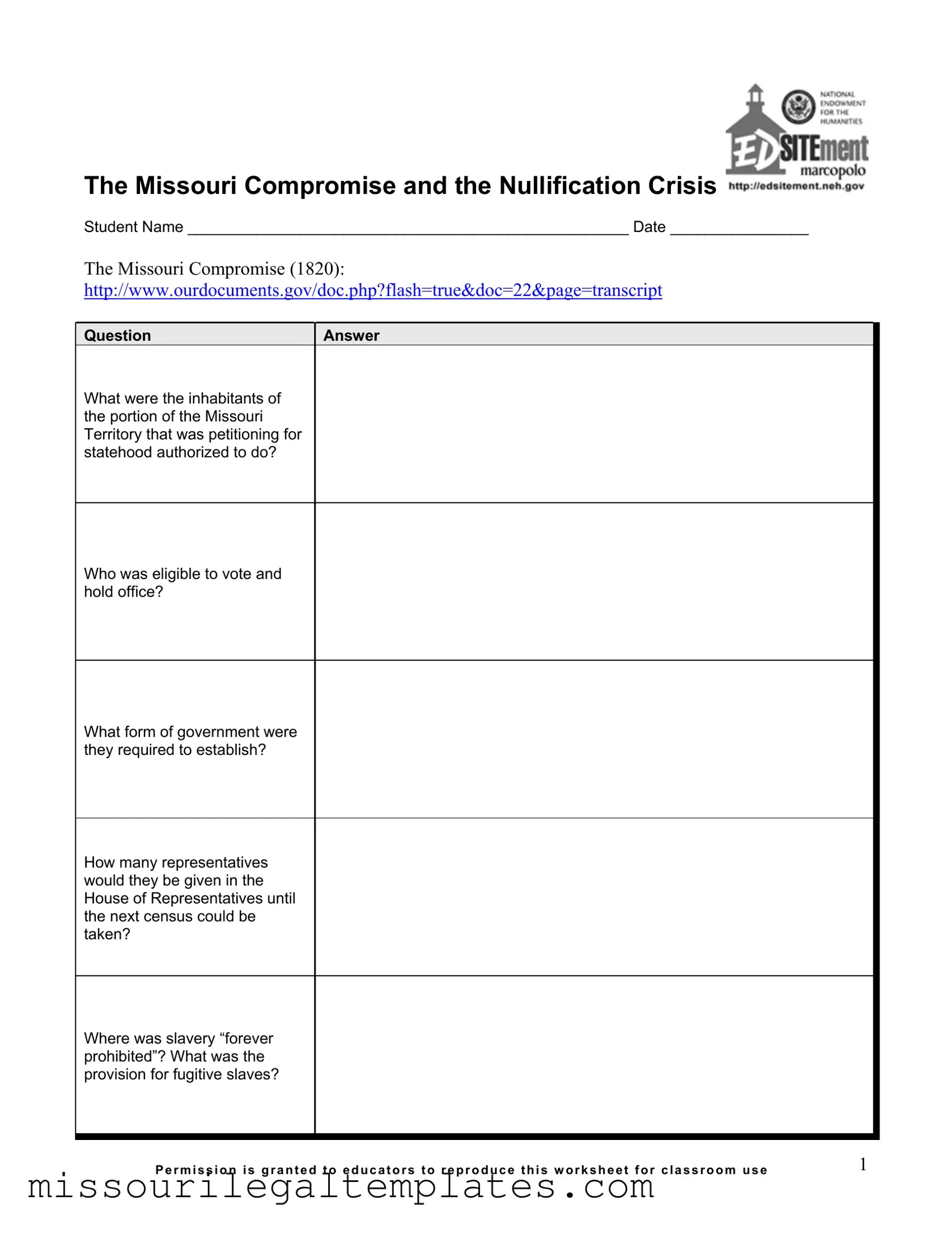 Fill in a Valid Missouri Compromise Template