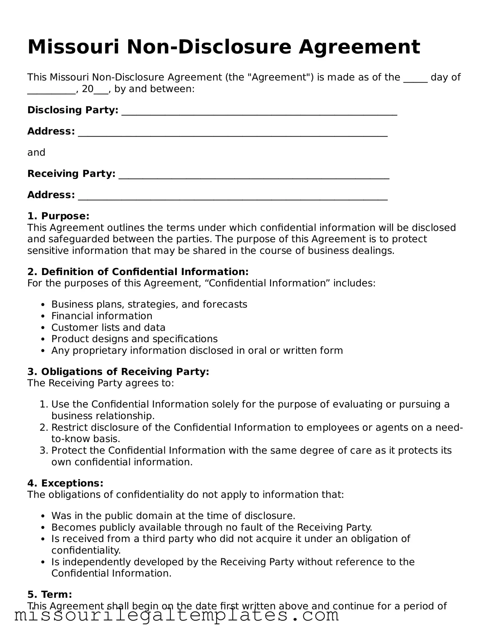 Blank  Non-disclosure Agreement Template for Missouri