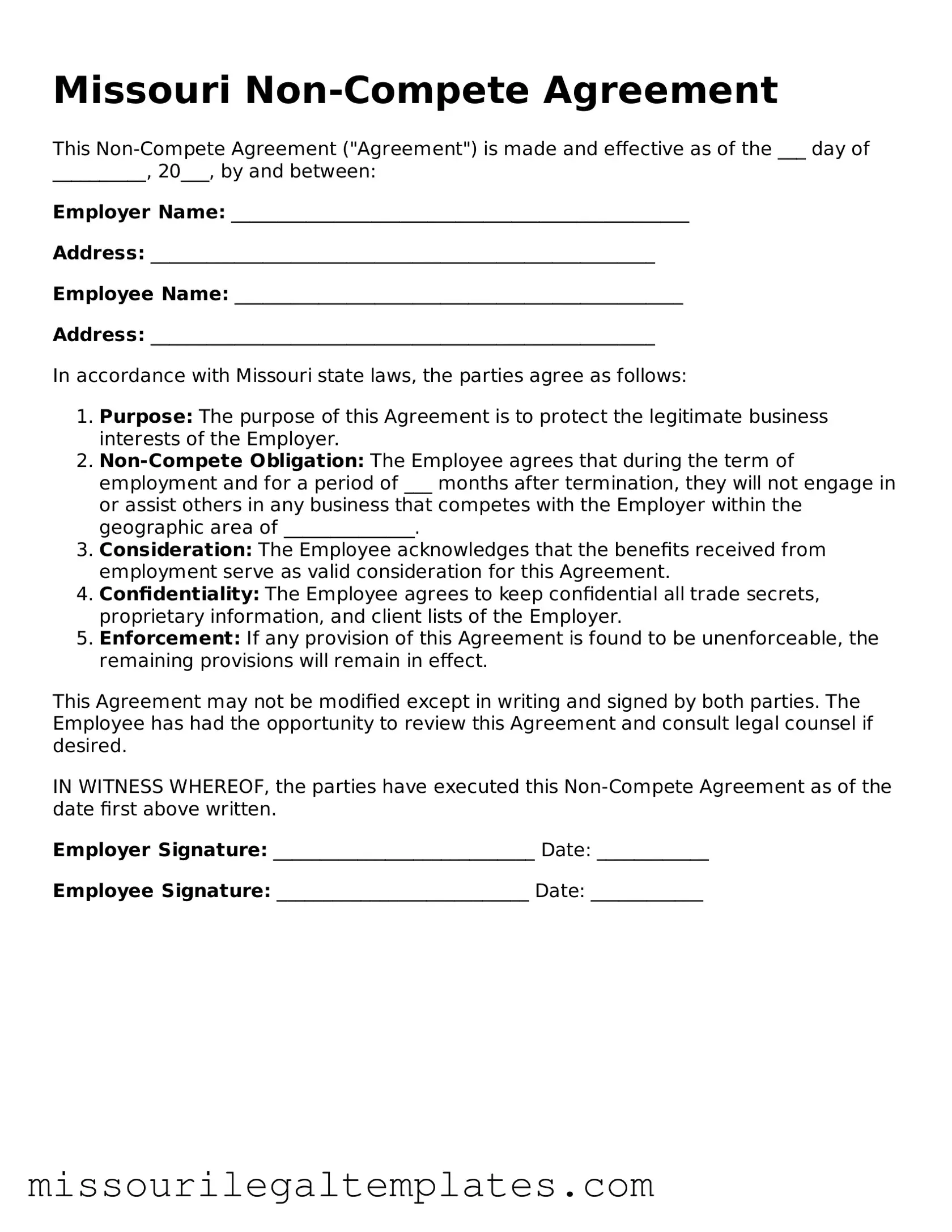 Blank  Non-compete Agreement Template for Missouri