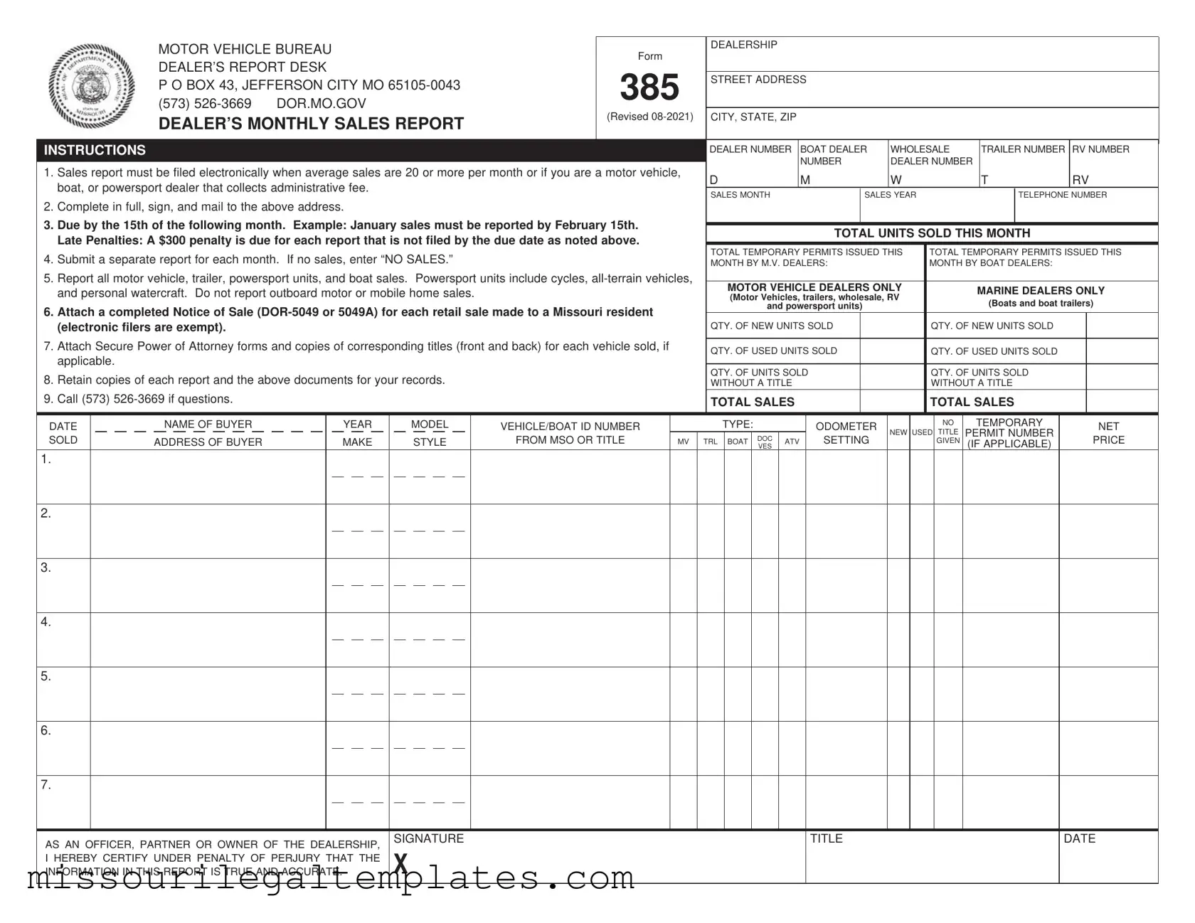 Fill in a Valid Missouri Dealer Monthly Sales Report Template