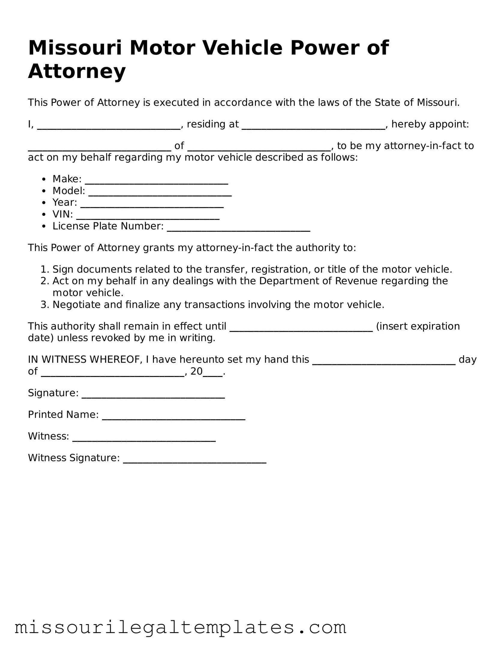 Blank  Motor Vehicle Power of Attorney Template for Missouri