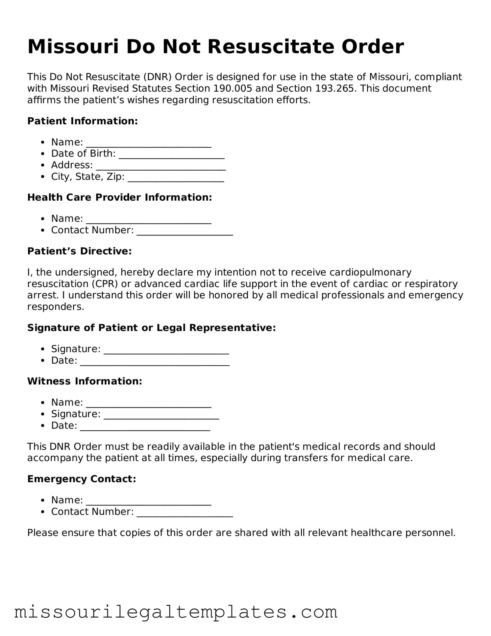 Blank  Do Not Resuscitate Order Template for Missouri