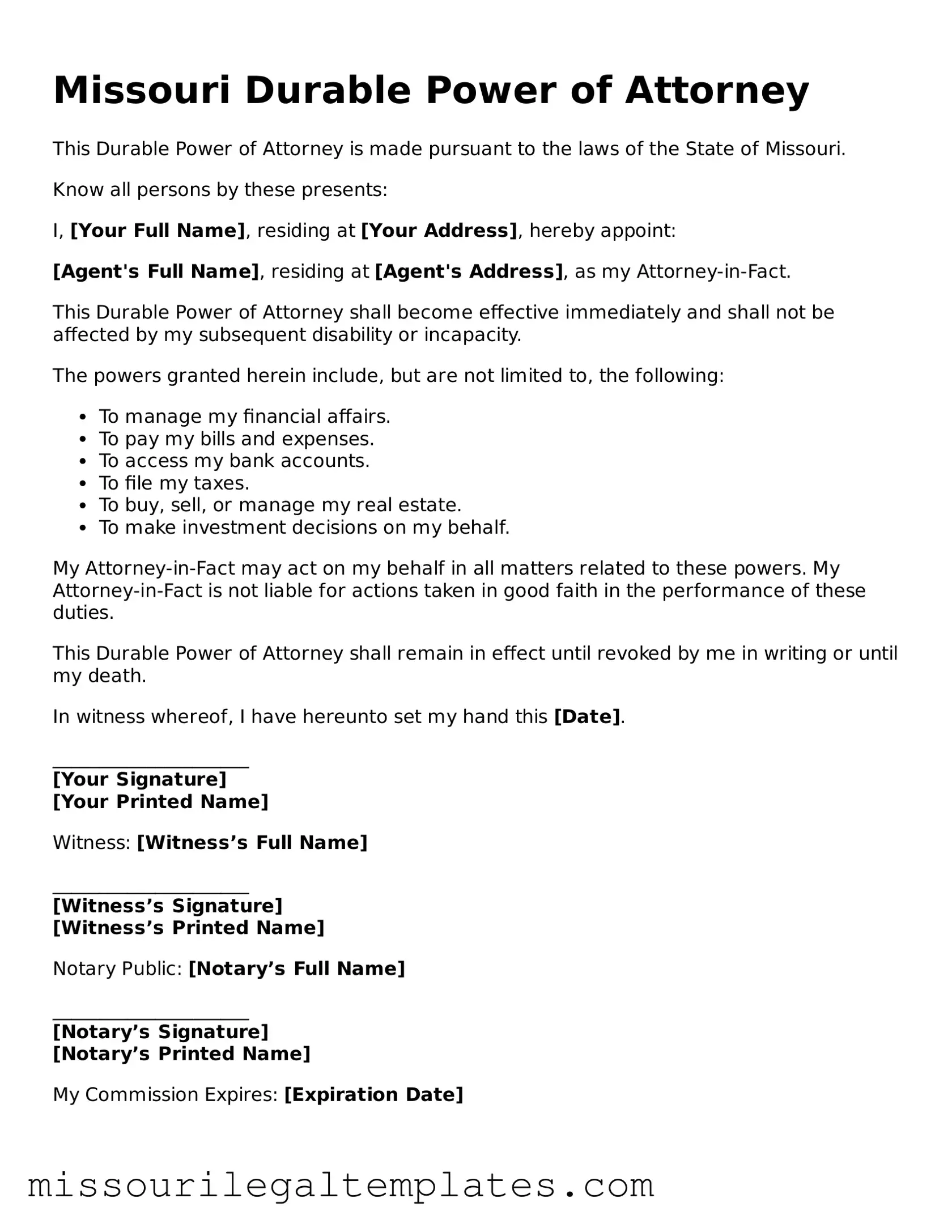 Blank  Durable Power of Attorney Template for Missouri