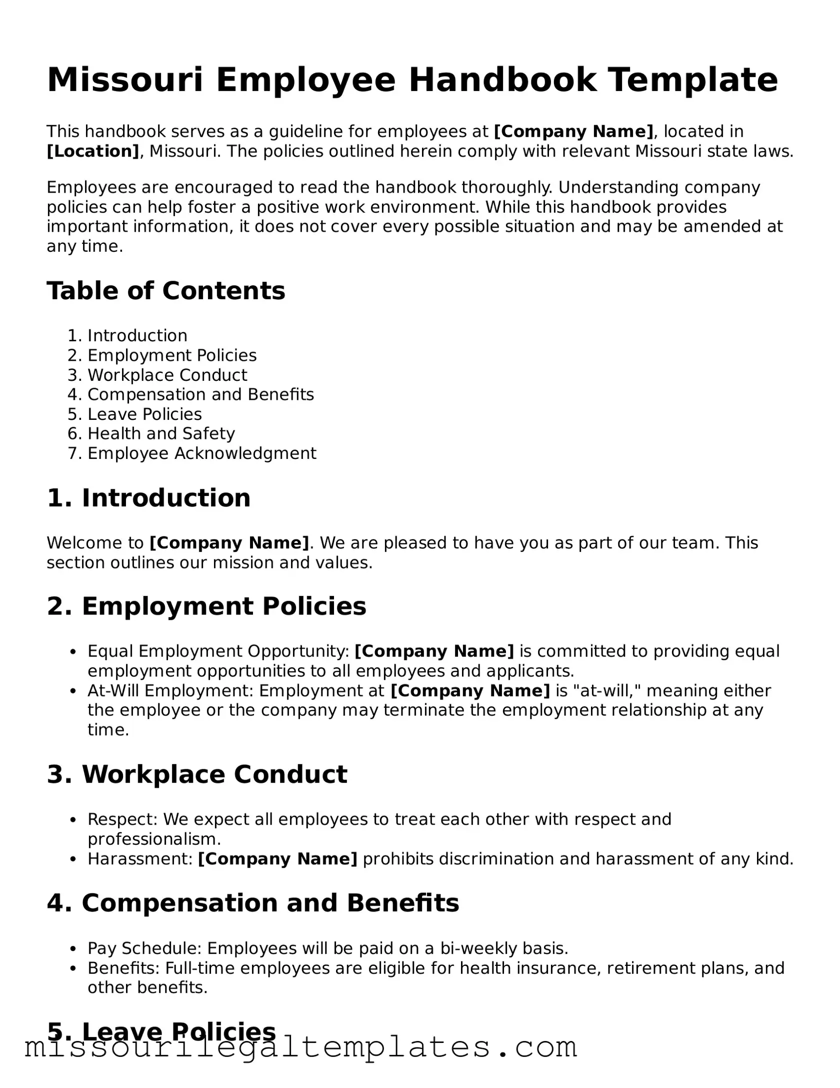 Blank  Employee Handbook Template for Missouri