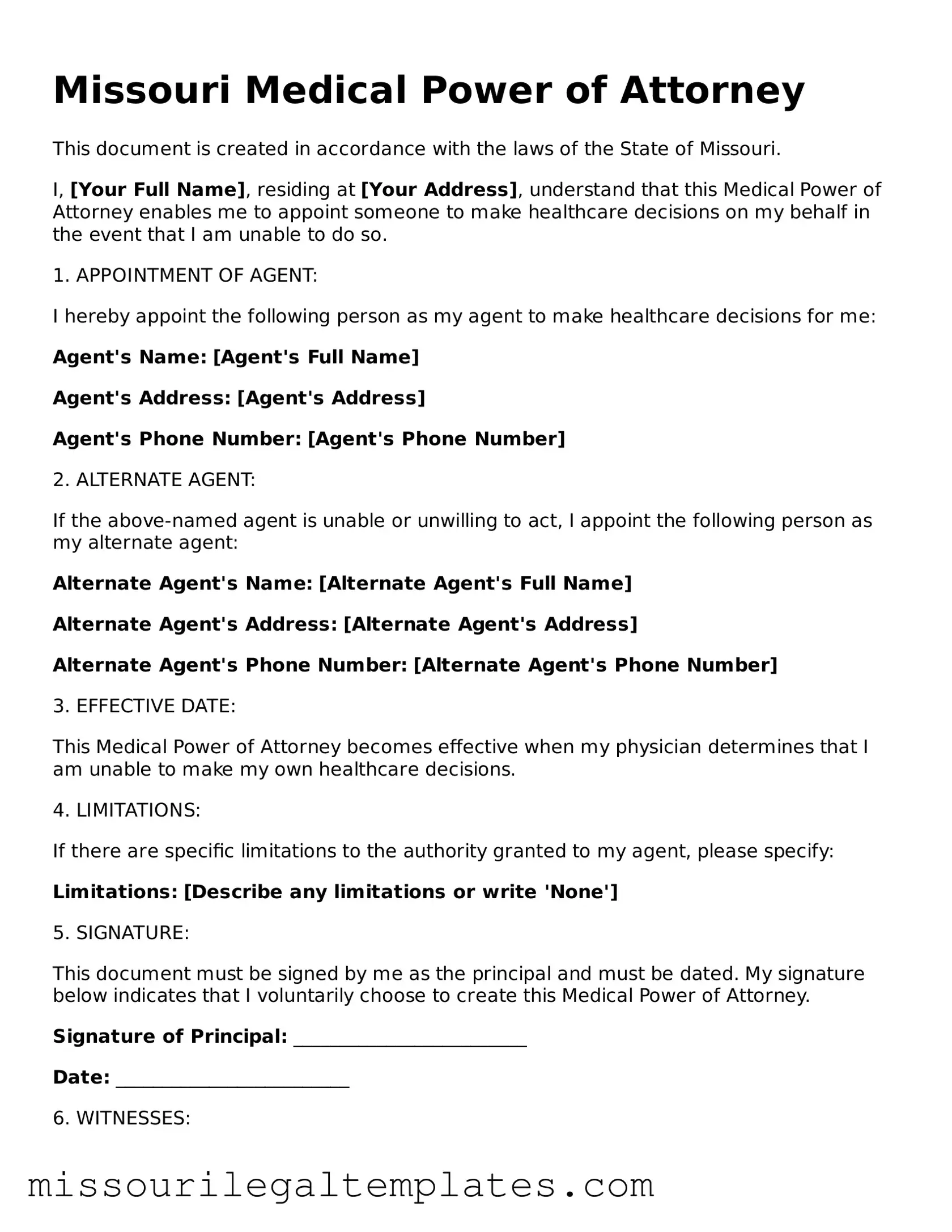 Blank  Medical Power of Attorney Template for Missouri