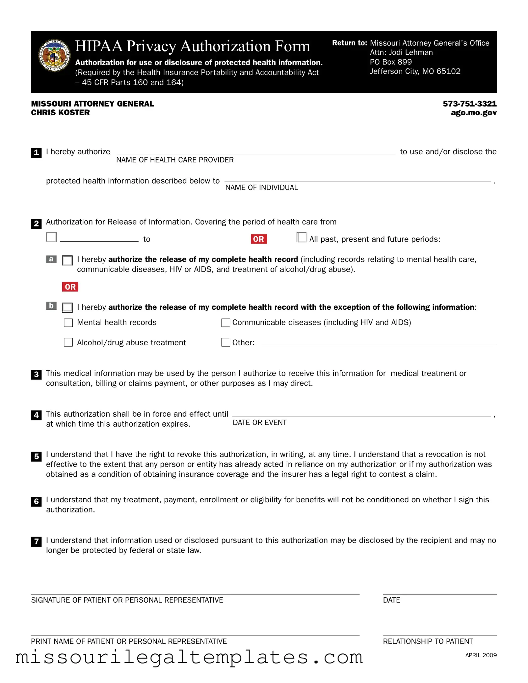 Fill in a Valid Missouri Hipaa Template