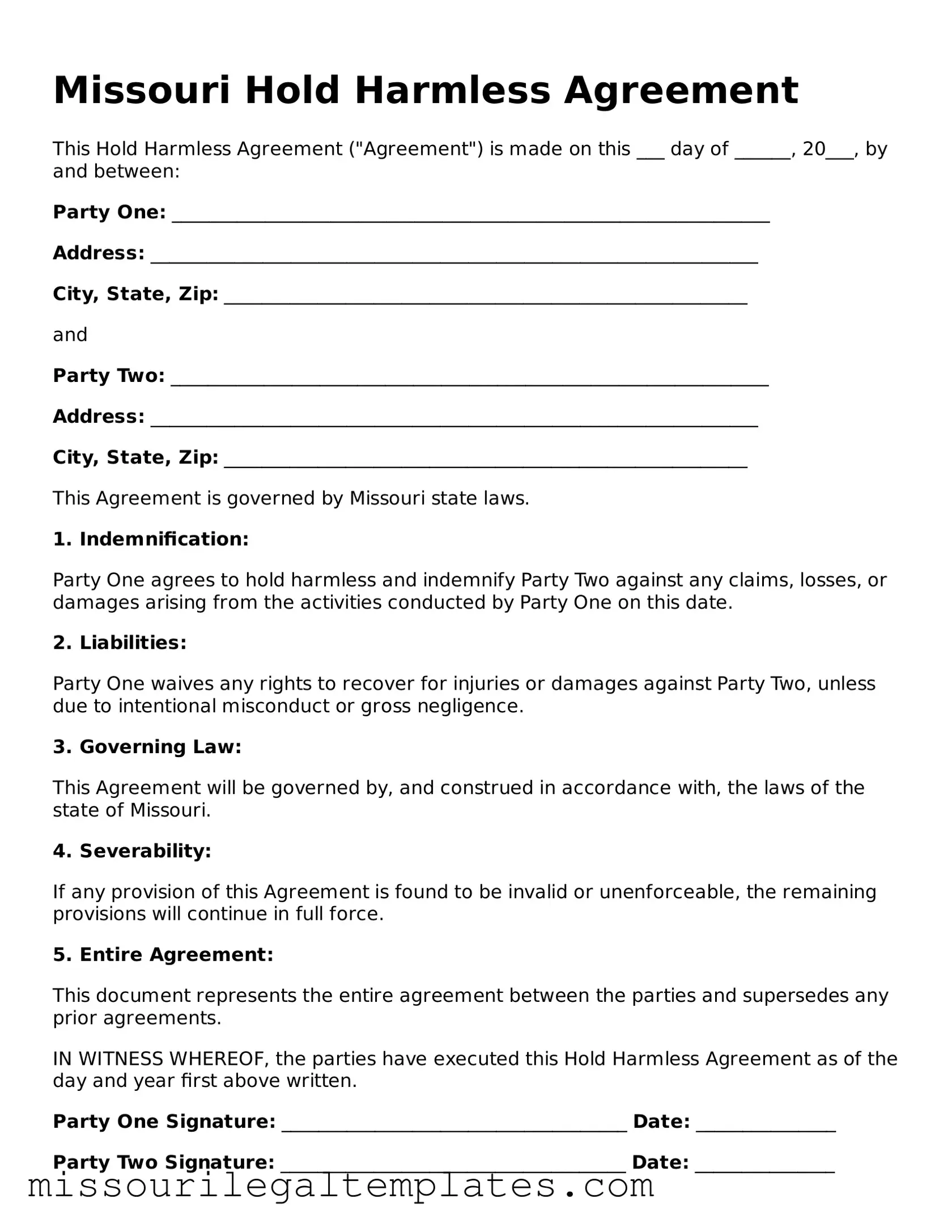 Blank  Hold Harmless Agreement Template for Missouri