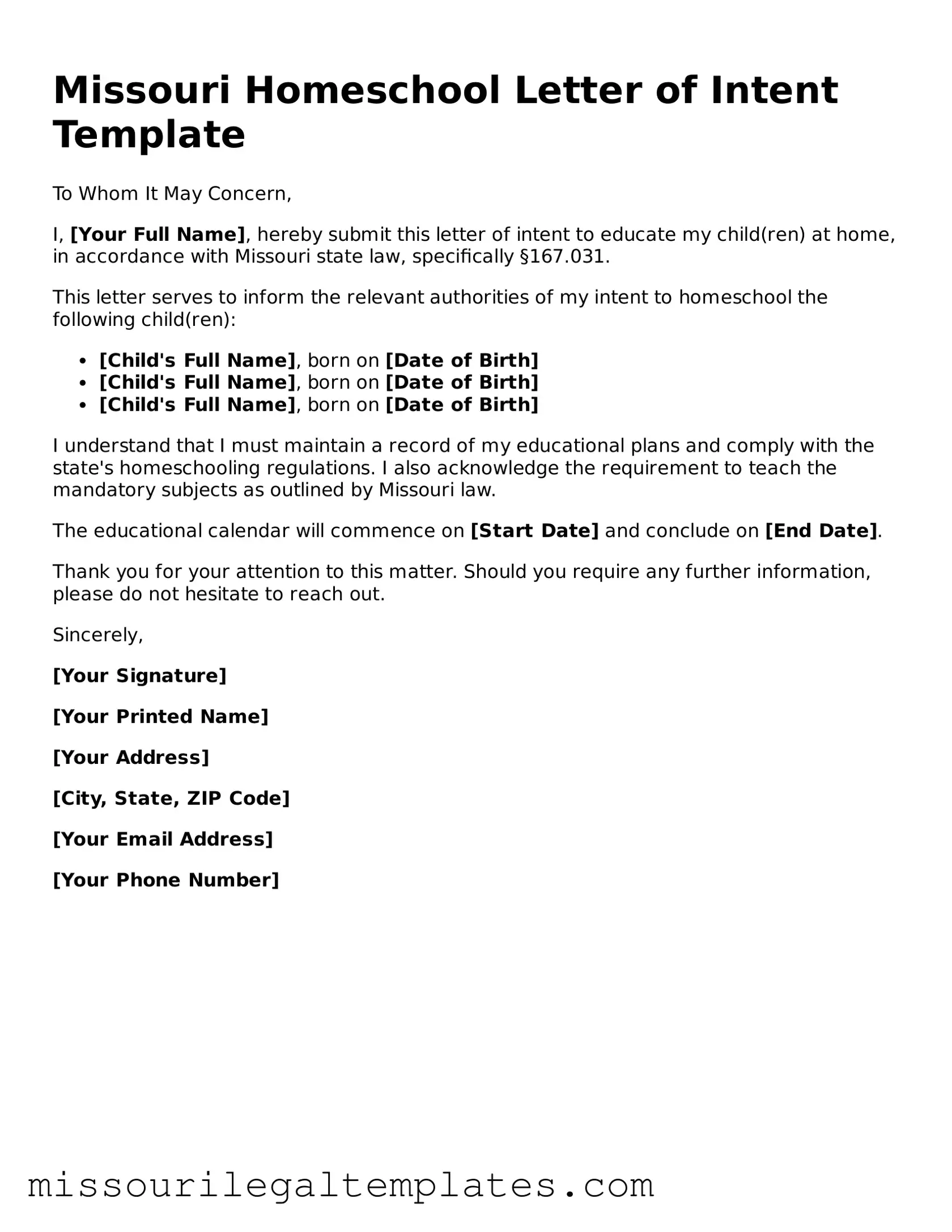 Blank  Homeschool Letter of Intent Template for Missouri