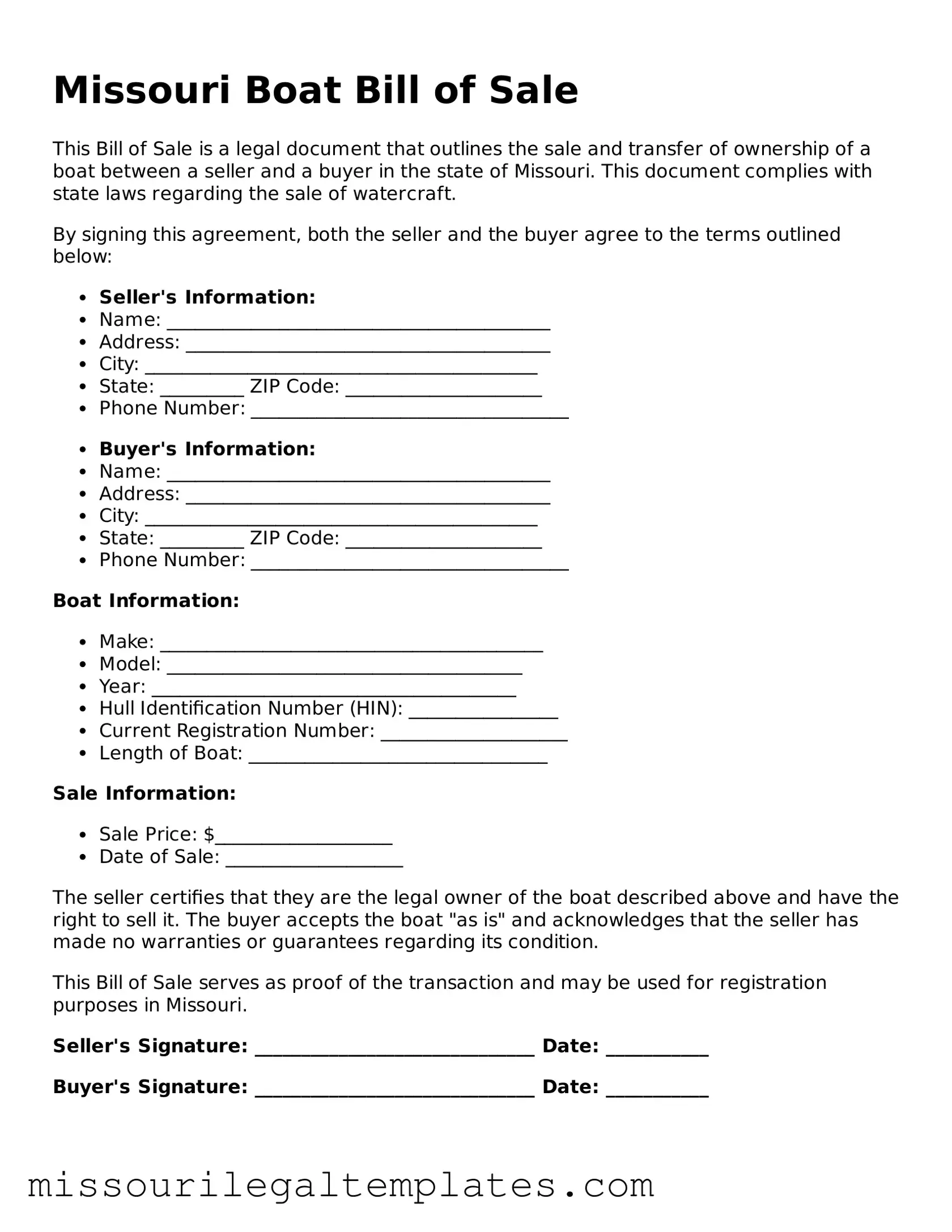 Blank  Boat Bill of Sale Template for Missouri