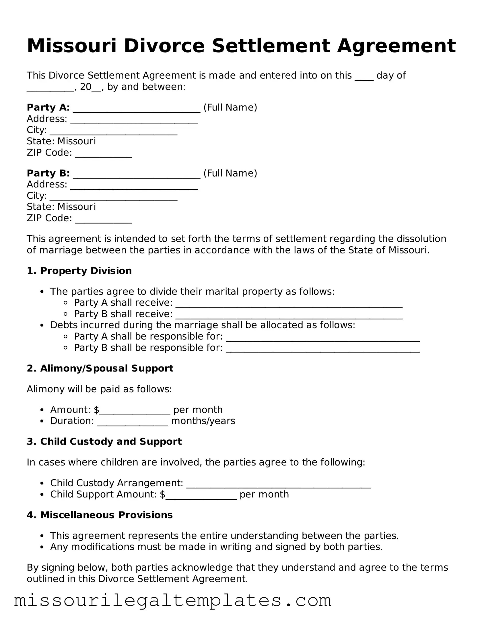 Blank  Divorce Settlement Agreement Template for Missouri