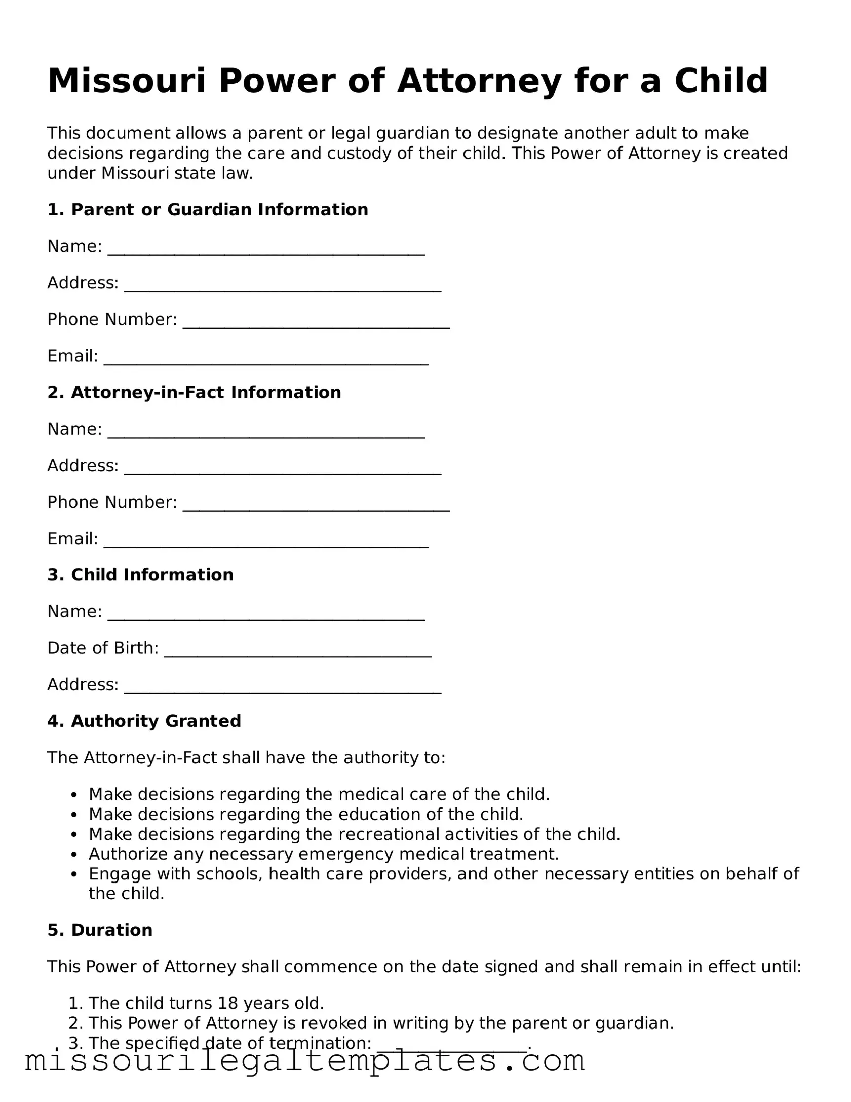Blank  Power of Attorney for a Child Template for Missouri