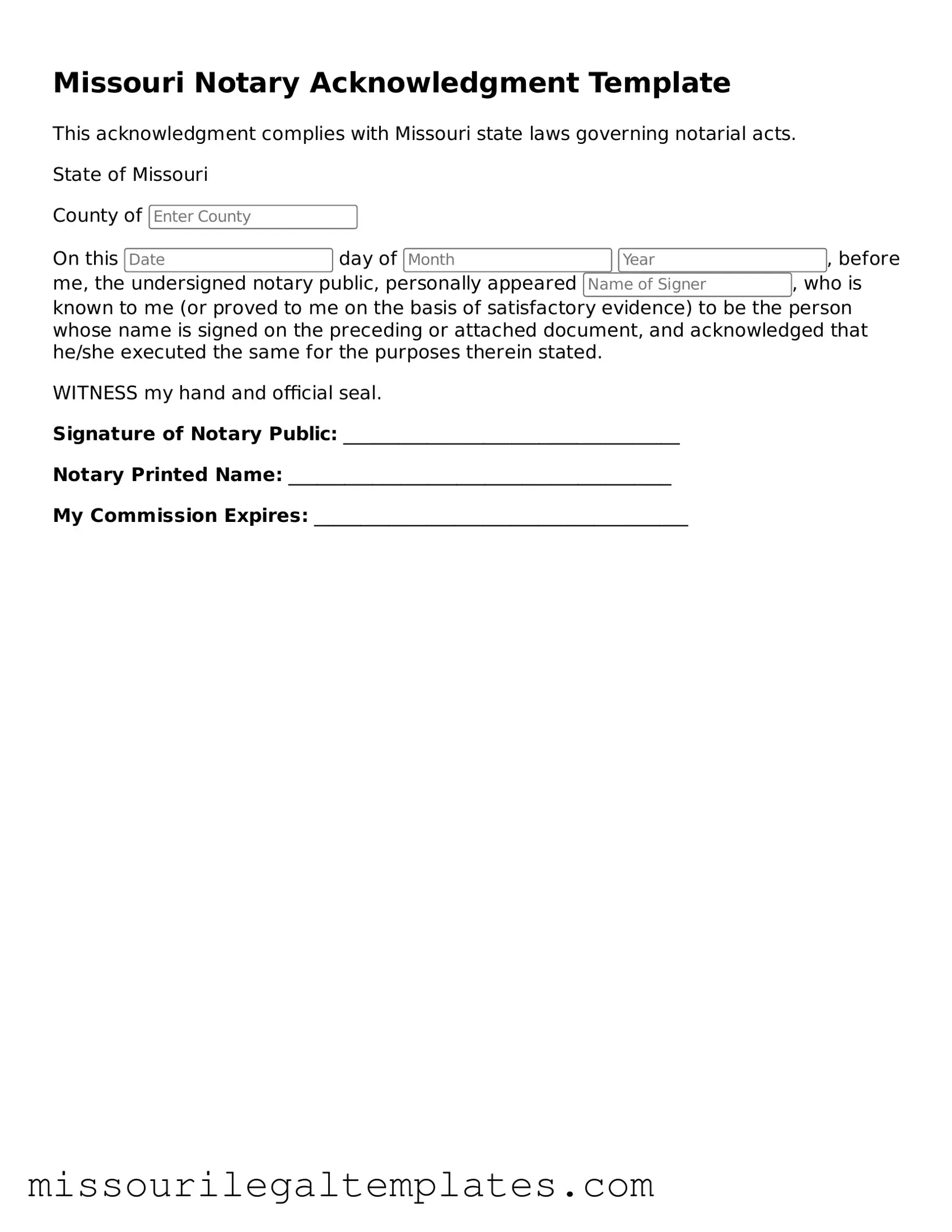 Blank Notary Acknowledgement Template for Missouri