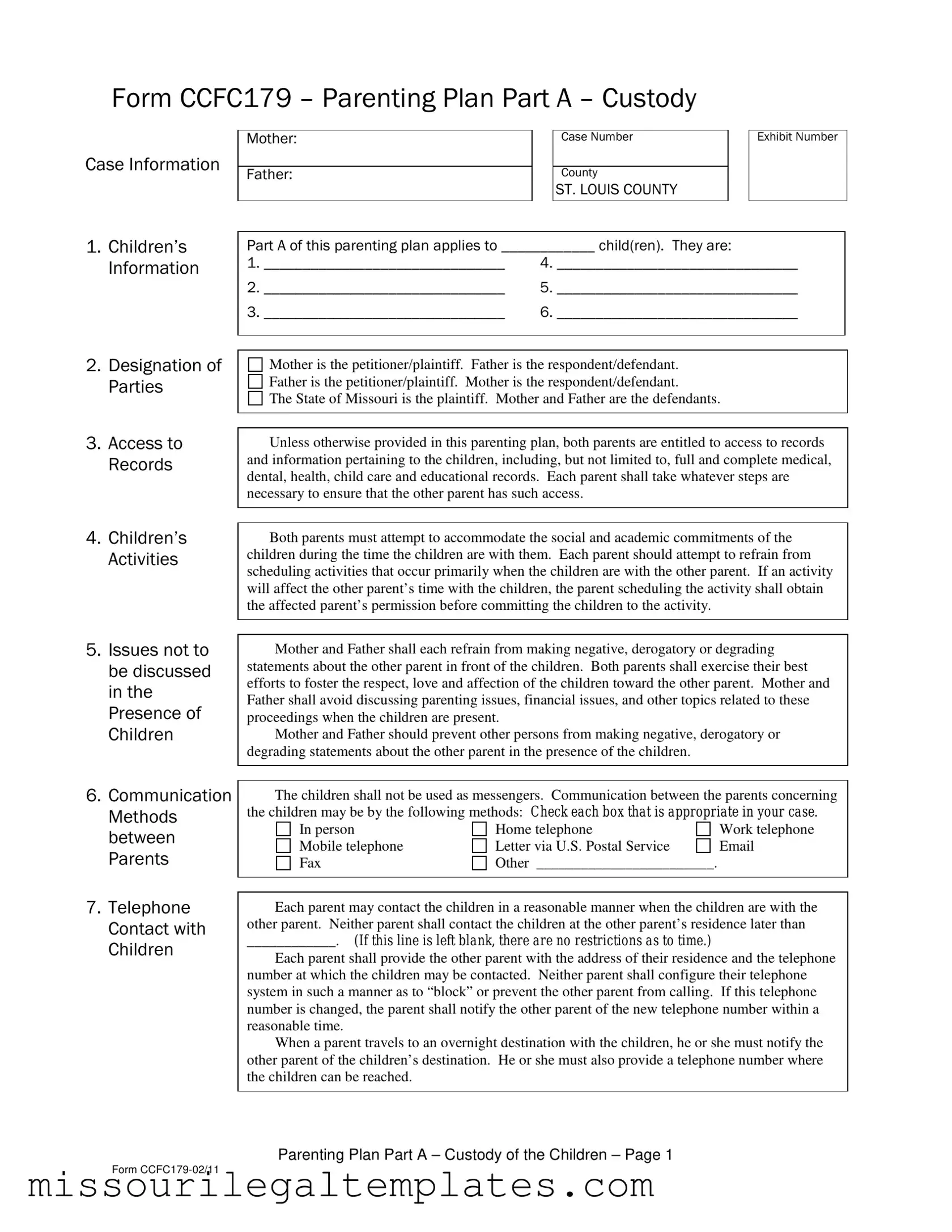 Fill in a Valid Missouri Parenting Plan Template