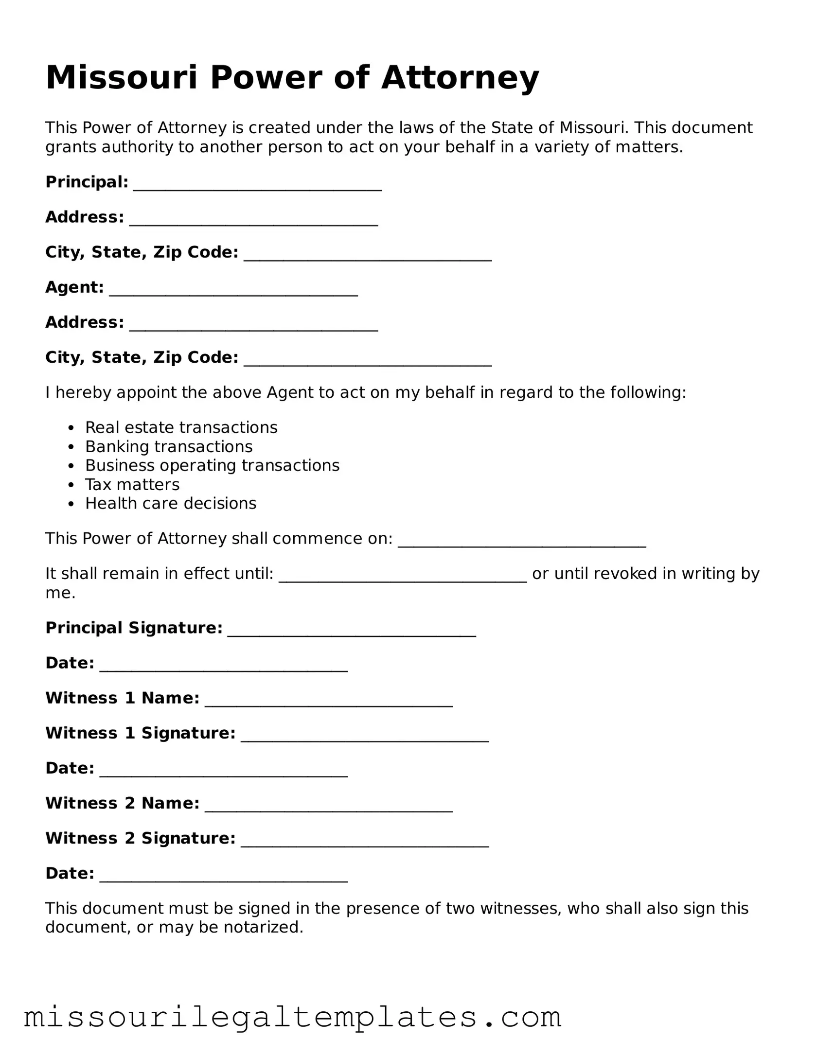 Blank  Power of Attorney Template for Missouri