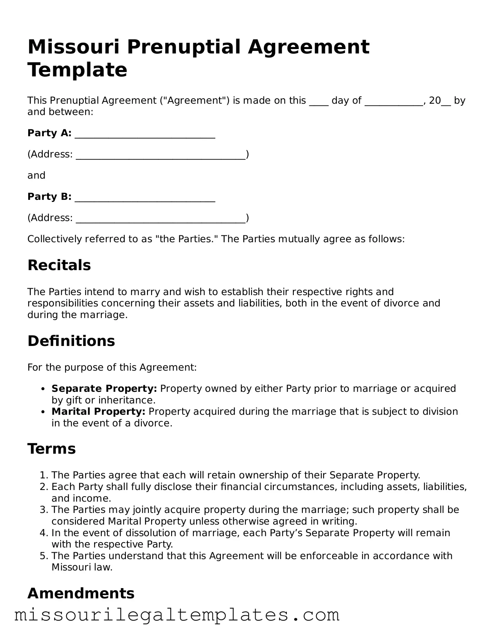 Blank  Prenuptial Agreement Template for Missouri
