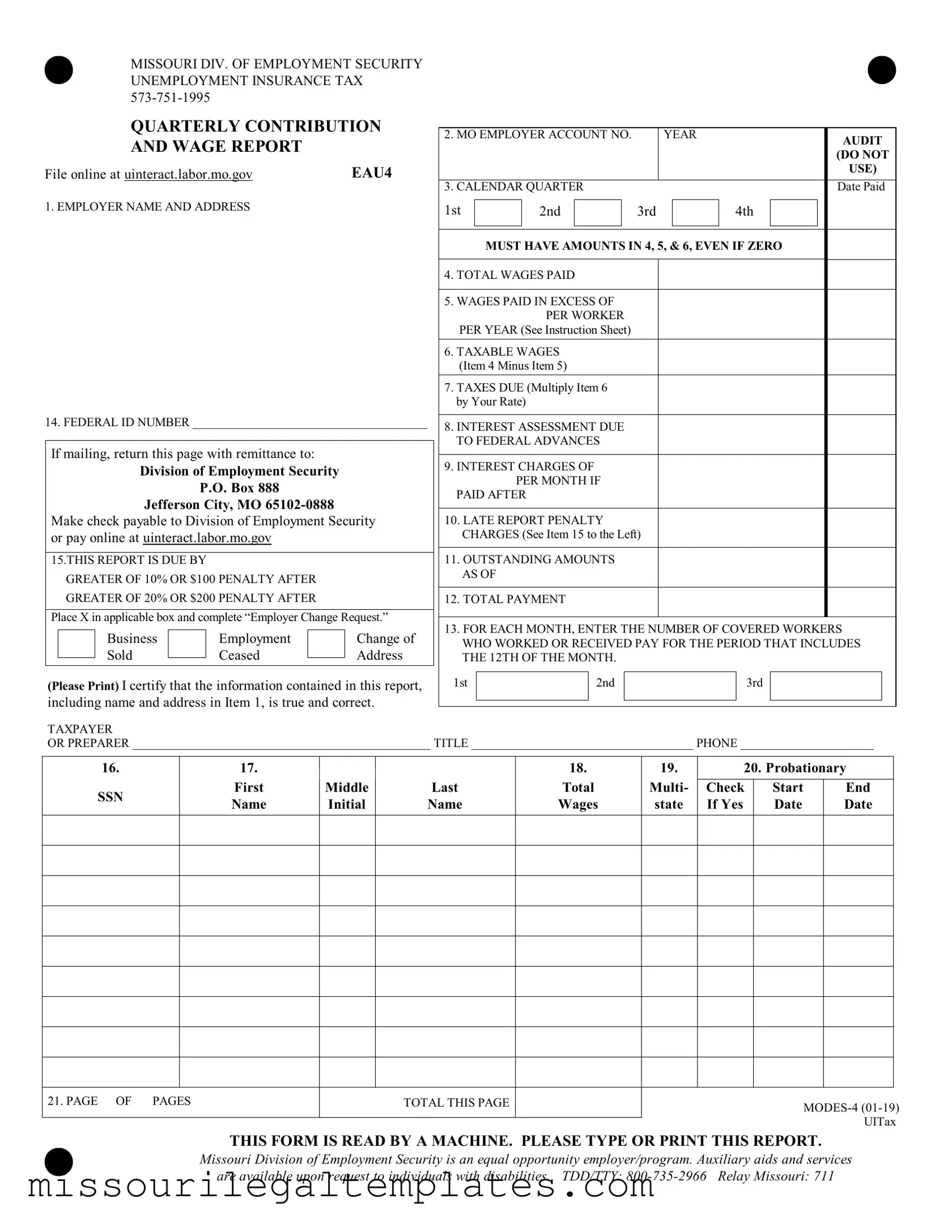 Fill in a Valid Missouri Quarterly Wage Report Template