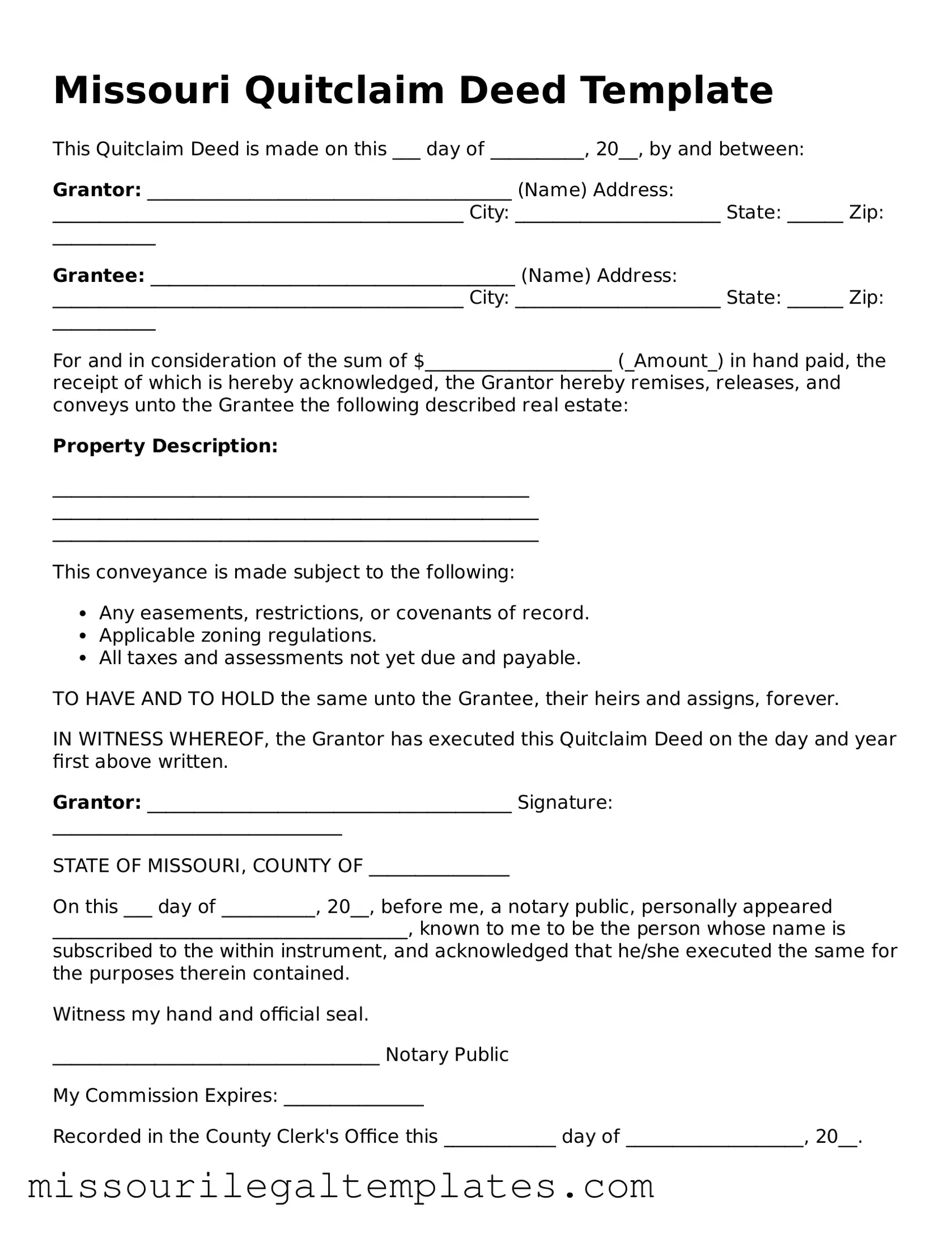 Blank  Quitclaim Deed Template for Missouri