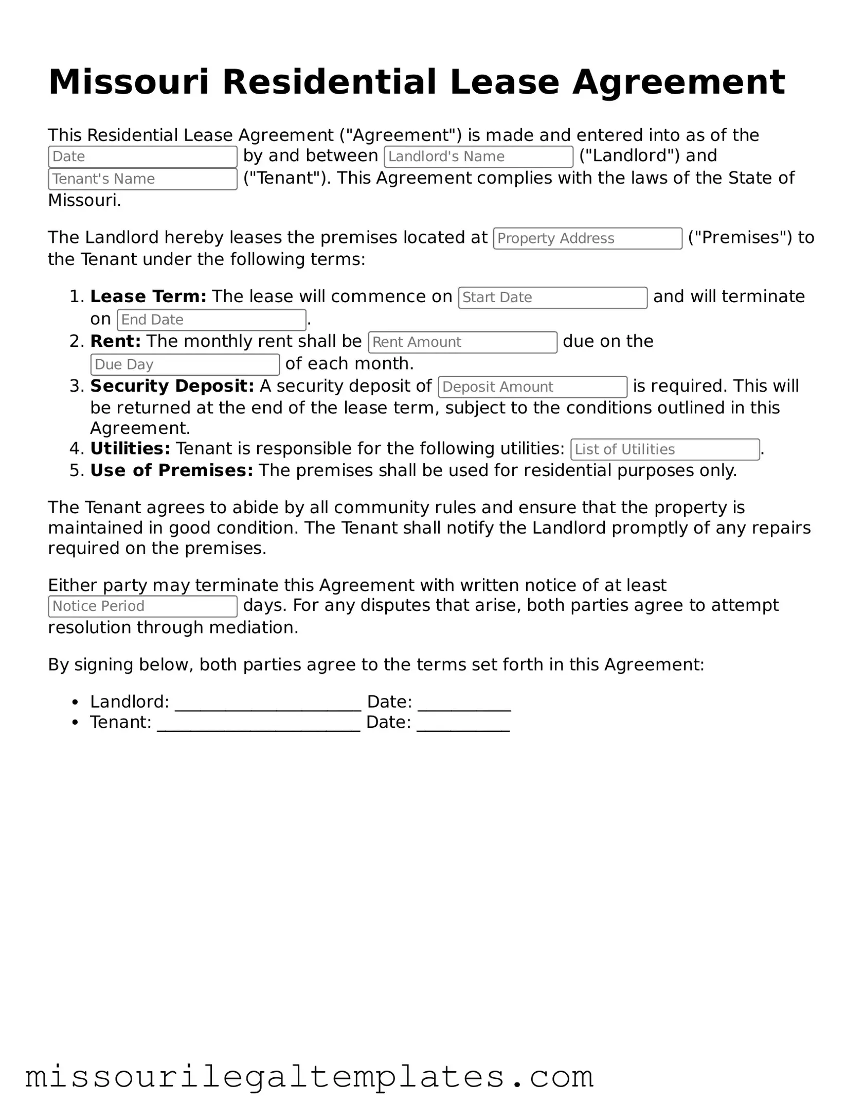 Blank Residential Lease Agreement Template for Missouri