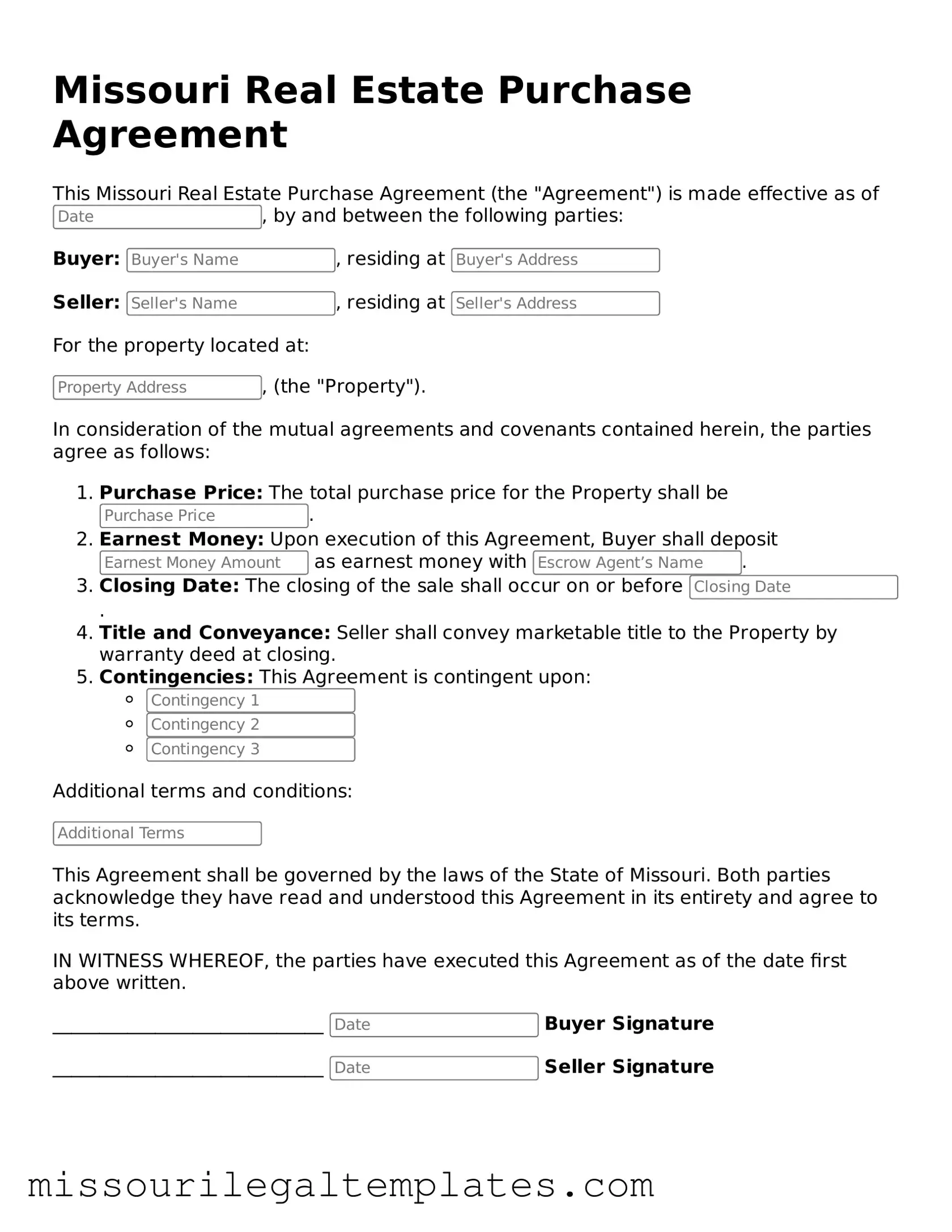 Blank  Real Estate Purchase Agreement Template for Missouri