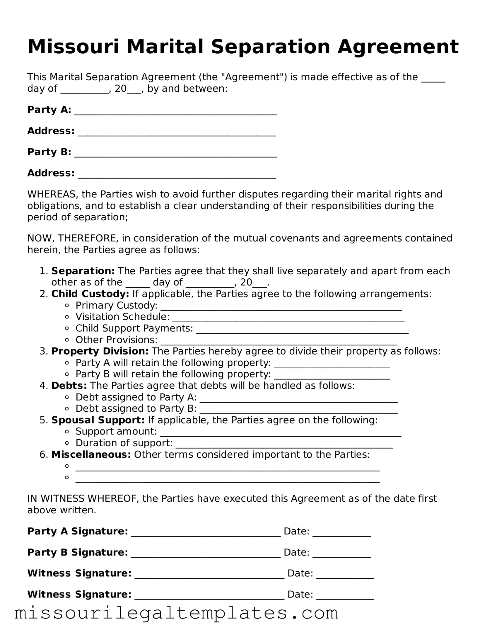 Blank  Marital Separation Agreement Template for Missouri