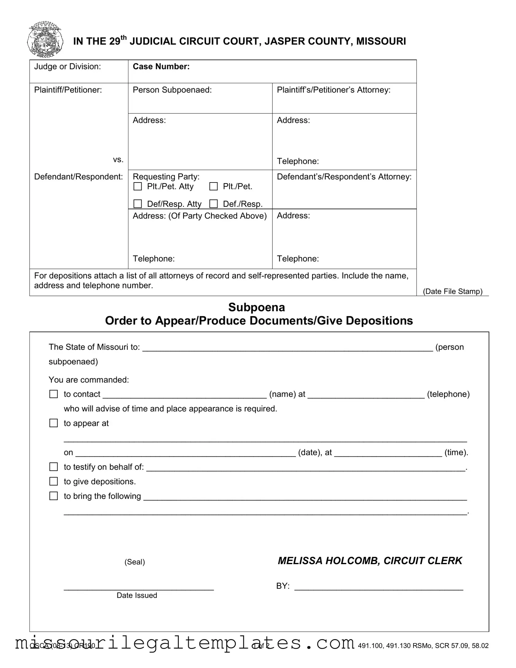 Fill in a Valid Missouri Subpoena Template
