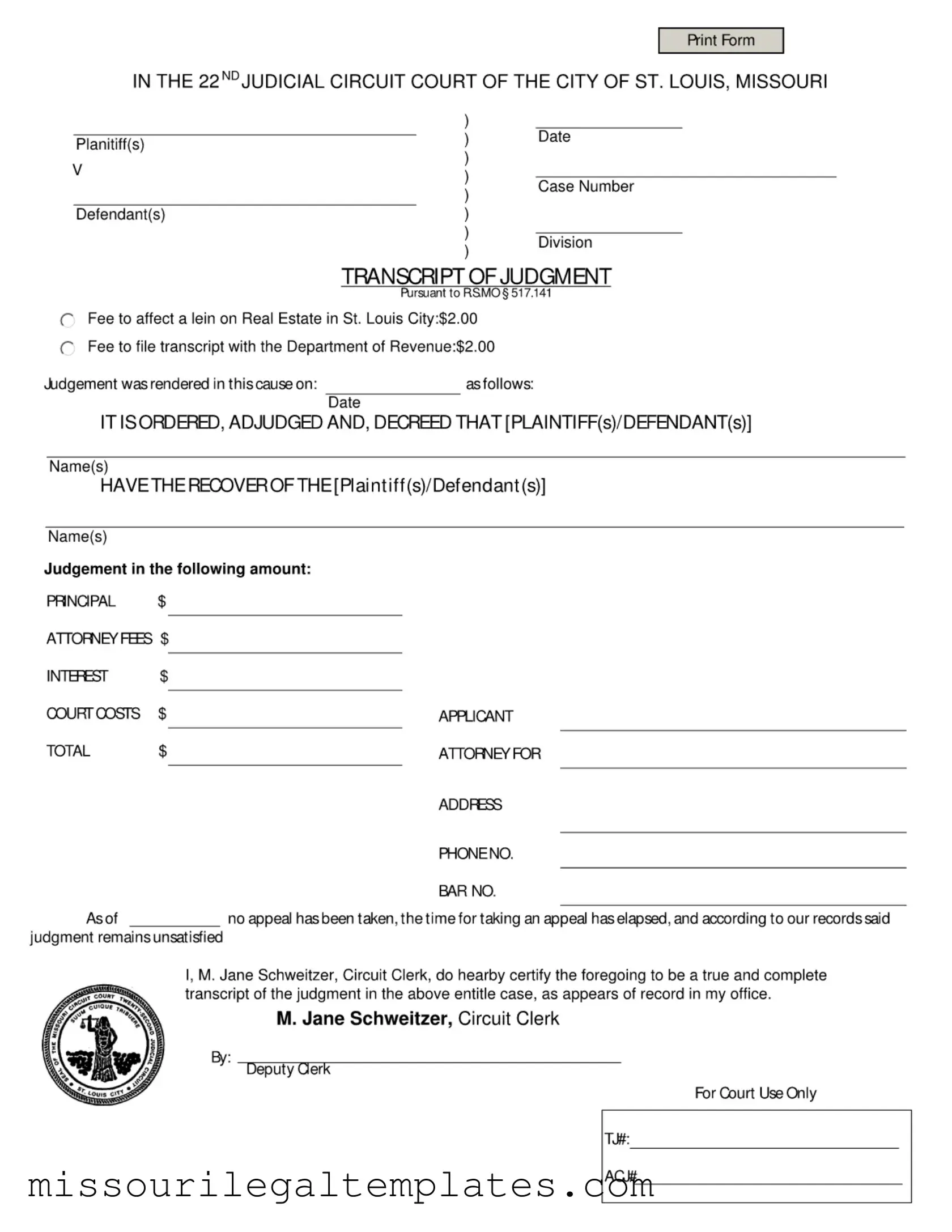 Fill in a Valid Missouri Transcript Of Judgment Template