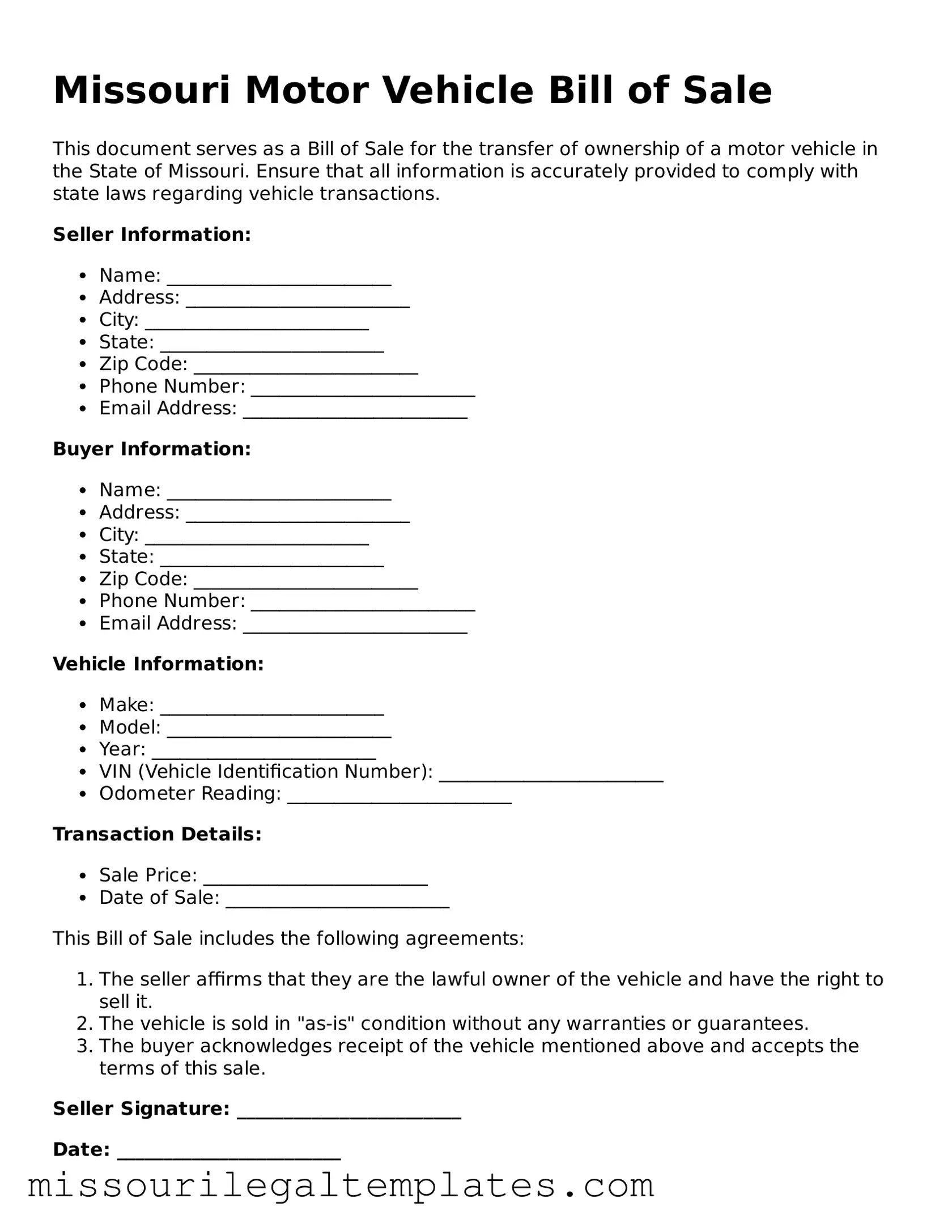 Blank  Motor Vehicle Bill of Sale Template for Missouri