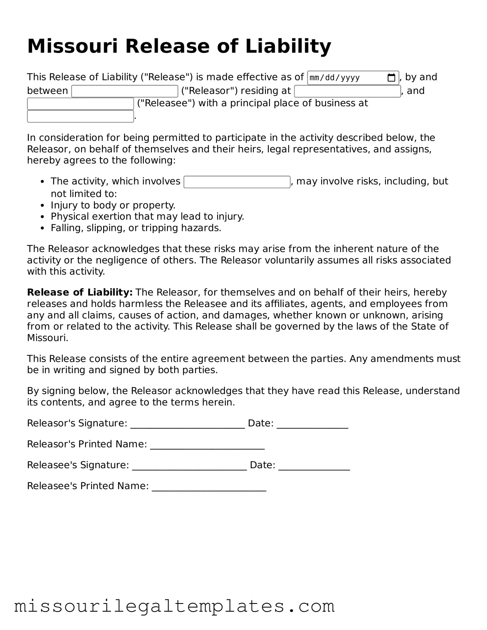 Blank  Release of Liability Template for Missouri