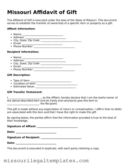 Blank  Affidavit of Gift Template for Missouri