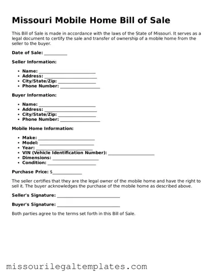 Blank  Mobile Home Bill of Sale Template for Missouri