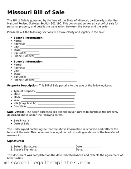 Blank  Bill of Sale Template for Missouri