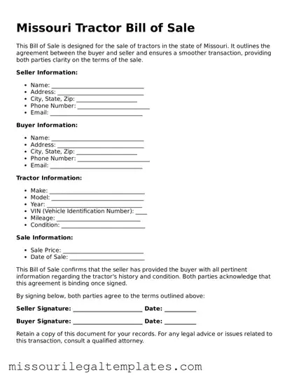 Blank  Tractor Bill of Sale Template for Missouri
