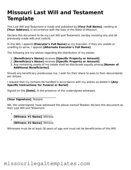 Blank  Last Will and Testament Template for Missouri