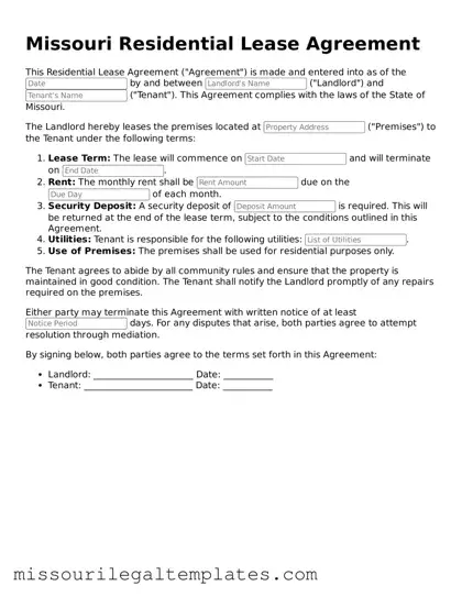 Blank  Residential Lease Agreement Template for Missouri