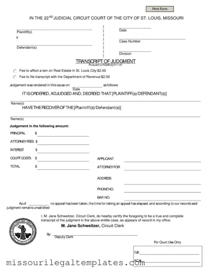 Fill in a Valid Missouri Transcript Of Judgment Template